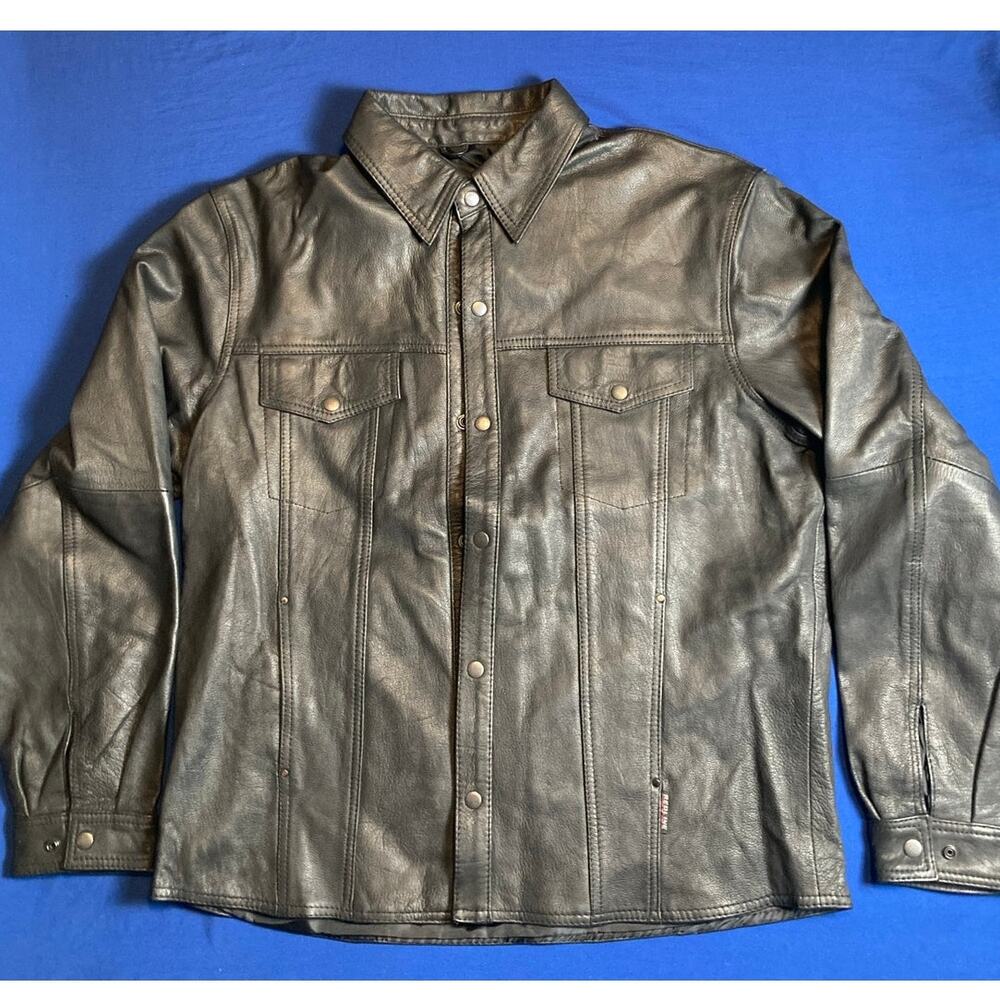 Men's Leather Coat Jacket 2XL Black Snap-Down Buttons Redline Red Line